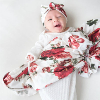 Manta de bebé con estampado floral 2pcs con diadema