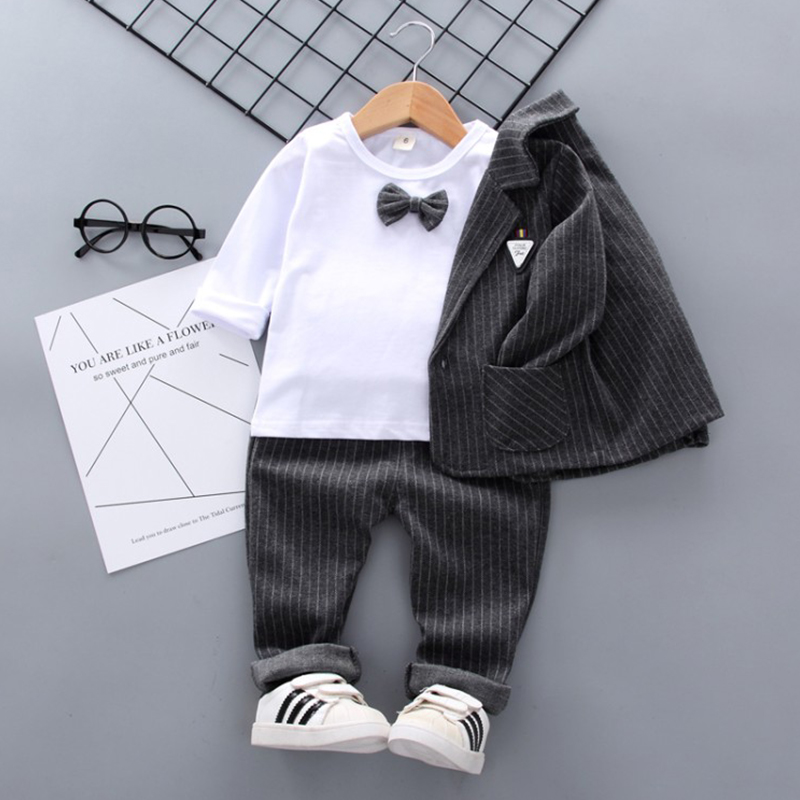 3-piece Bow Decor T-shirt & Striped Coat & Pants for Baby Boy