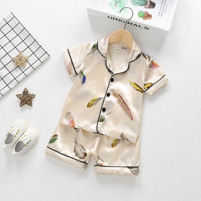 Toddler Girl Feather Leaf Print Ice Silk Short Sleeve Shirt & Shorts Pajamas