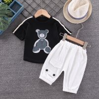 Toddler Boy Cartoon Bear Pattern T-Shirt & Flap Pocket Pants  Black