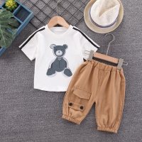 Toddler Boy Cartoon Bear Pattern T-Shirt & Flap Pocket Pants  White
