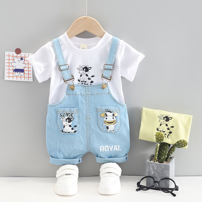 Toddler Boy Cartoon Cow Printed T-shirt & Denim Overalls