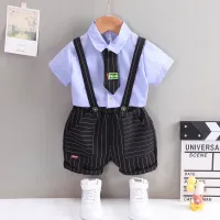 Toddler Boy Tie Decor Shirt & Plaid Suspender Shorts  Blue