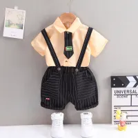 Toddler Boy Tie Decor Shirt & Plaid Suspender Shorts  Beige