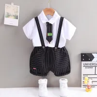 Toddler Boy Tie Decor Shirt & Plaid Suspender Shorts  White