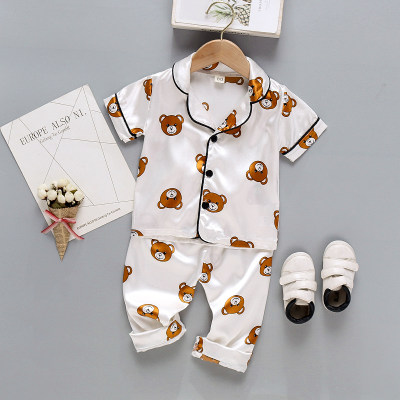 Toddler Boy Cartoon Bear Print Lapel Top & Pants Pajamas