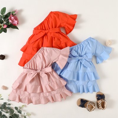 Baby Girl Solid Color One-shoulder Layered Dress
