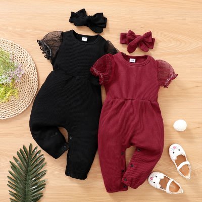 Baby Girl Solid Color Puff Sleeve Jumpsuit & Headband