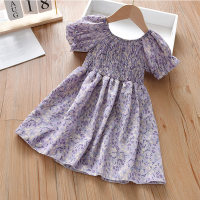 Toddler Girl Floral Pattern Cotton Puff Sleeve Dress - Hibobi