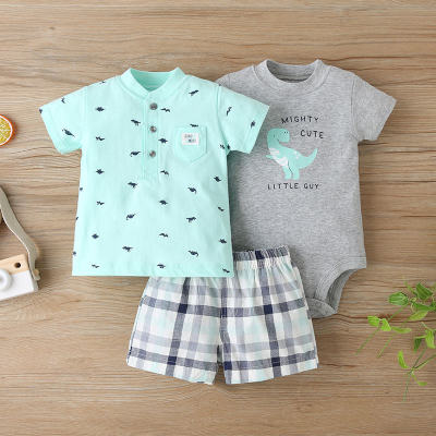 Baby Boy Dinosaur Babysuit & Dinosaur Pattern Shirt & Plaid Shorts