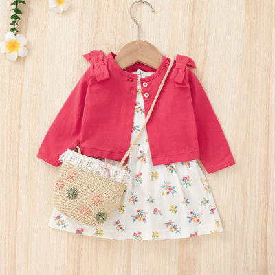 Baby Girl Solid Color Bow Decor Top & Floral Print Dress