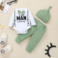 Baby Boy Letter Print Bow Decor Bodysuit & Solid Color Pants & Hat  Green