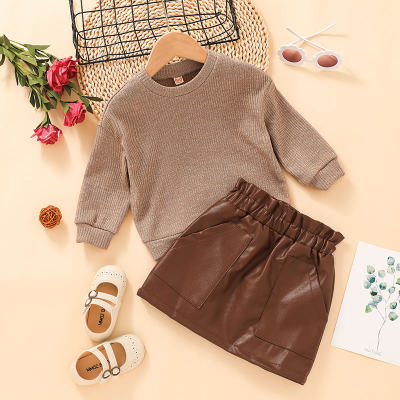 Toddler Girl Solid Color Long Sleeves Sweater & Leather Skirt