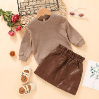 Toddler Girl Solid Color Long Sleeves Sweater & Leather Skirt  Dark Pink