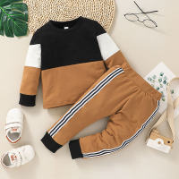 Toddler Boy Color-block Fabric Blocking Plain Sweater & Pants  Brown