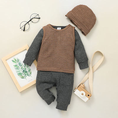 Baby Boy Casual Solid Long Sleeve Jumpsuit Vest Hat Three-piece
