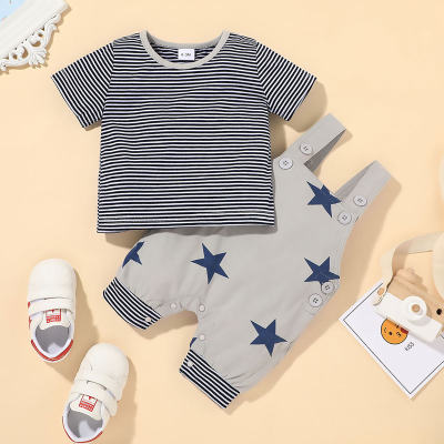 Baby Boy Stripes T-shirt & Pentagram Pattern Overalls Pant