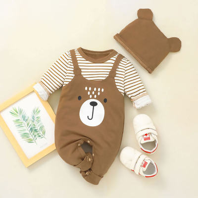 Baby Boy Cute Stripes Bear-look Long Sleeve Jumpsuit Hat Two-piece