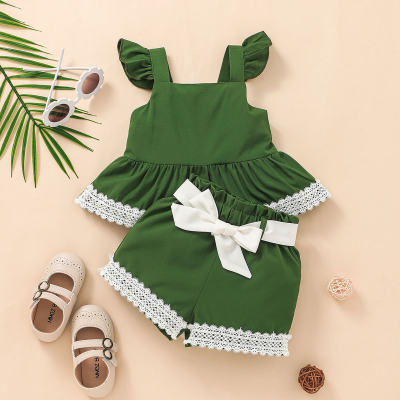 Baby Girl Solid  Ruffle-sleeve Top And Pant There Piece With belt