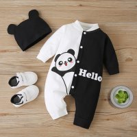 Baby Letter Printed Tiger Panda Pattern Jumpsuit & Hat  Black