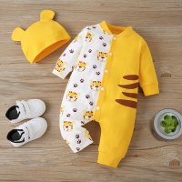 Baby Letter Printed Tiger Panda Pattern Jumpsuit & Hat  Yellow