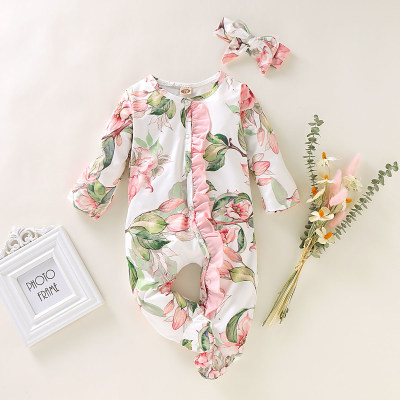Baby Girl Tropical Floral Pattern Jumpsuit & Headband