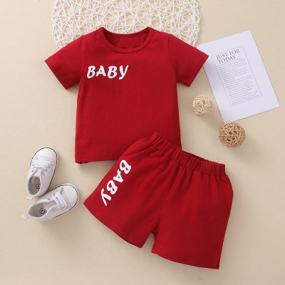 Baby Solid Color Letter Printed T-shirt & Shorts
