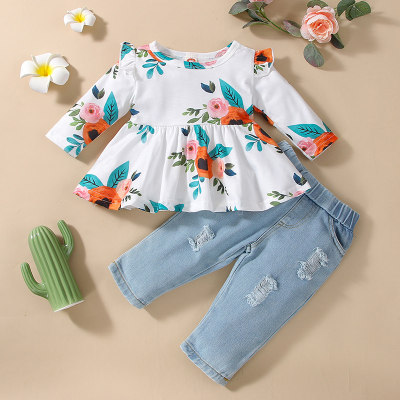 Baby Girl Ruffle Floral Print Long Sleeve Dress & Jeans