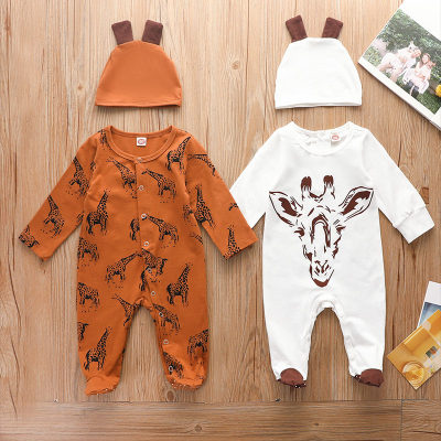 Baby Deer Print Long Sleeve Jumpsuit & Hat