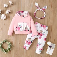 Baby Floral Printed Long-sleeve Hoodie & Pants With Headband  Pink