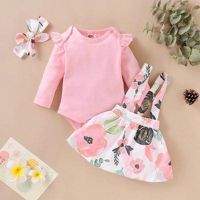 3-piece Solid Ruffle Bodysuit & Floral Printed Dress & Headband for Baby Girl