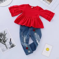 2-piece Ruffle Crimson Long Sleeve T-shirt & Pants for Toddler Girl - Hibobi