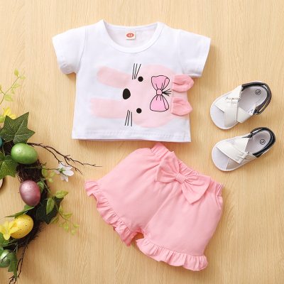 Baby Girl Rabbit Printed T-shirt & Bowknot Decor Shorts