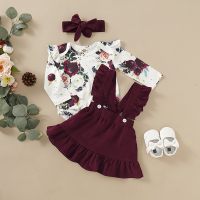 Baby Girl Floral Bodysuit & Solid Color Suspender Skirt & Headband - Hibobi