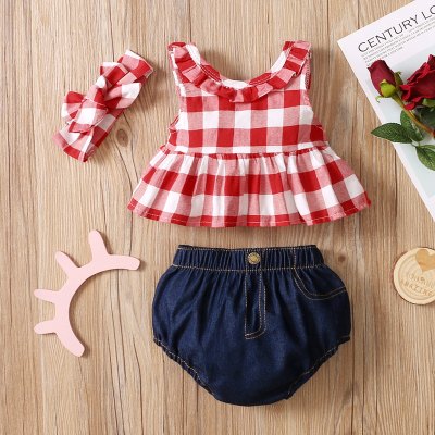 Baby Girl Red Plaid Sleevesless Blouse & Solid Color Shorts With Headband