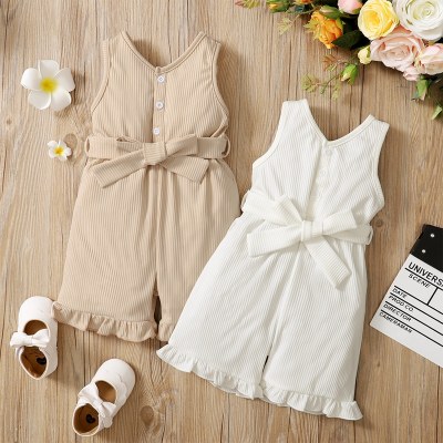 Toddler Girl Solid Color Sleeveless Romper With Belt