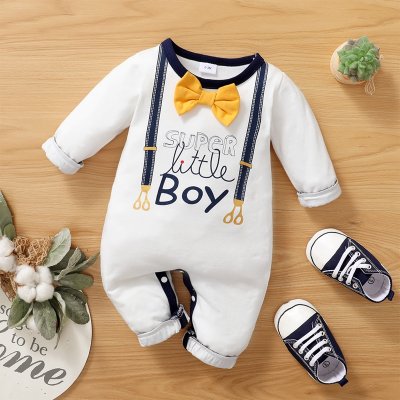 Baby Boy Bowknot Decor Letter Pattern Long-sleeve Jumpsuit