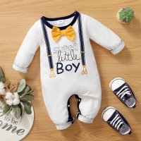 Baby Boy Bowknot Decor Letter Pattern Long-sleeve Jumpsuit  White