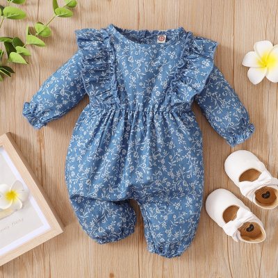 Baby Girl Floral Print Ruffle Decor  Long-sleeve Jumpsuit
