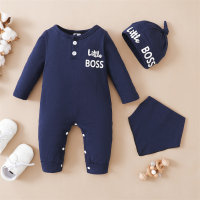 Baby Boy Letter Printed Long Sleeve Jumpsuit & Saliva Towel & Hat  Navy Blue