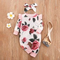 2-piece Floral Printed Jumpsuit & Headband for Baby Girl  White
