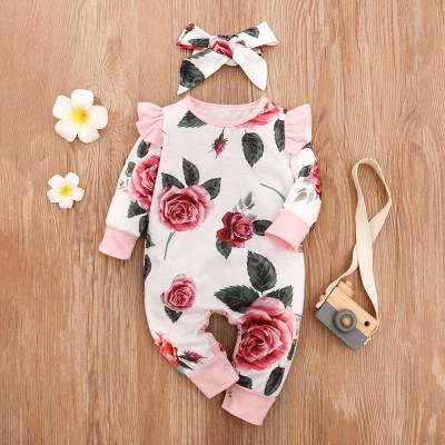 2-piece Floral Printed Jumpsuit & Headband for Baby Girl