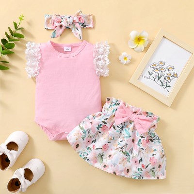 Baby Girl Lace Armhole T-Shirt &amp; Bowknot Decor Floral Skirt &amp; Headband