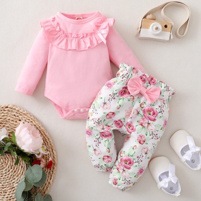 Baby Girl Solid Color Ruffle Decor Romper & Floral Print Pants