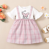 Toddler Girl Cute Butterfly Patch Embroidered Plaid Dress - Hibobi