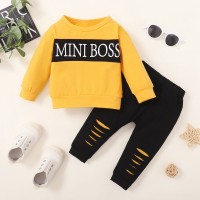 Baby Casual Color-block Letter Print Long Sleeve Sweatshirt & Sweatpants  Yellow