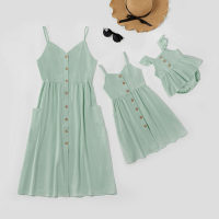 Parent-child 1 Piece Solid Color Slip Dress or Baby Bodysuit  Light Green