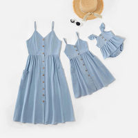 Parent-child 1 Piece Solid Color Slip Dress or Baby Bodysuit  Light Blue