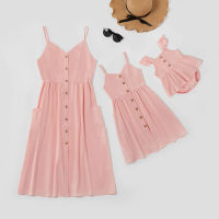 Parent-child 1 Piece Solid Color Slip Dress or Baby Bodysuit  Pink