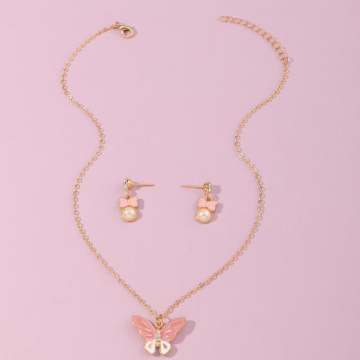 2-piece Pink Butterfly Stud Earrings & Necklace